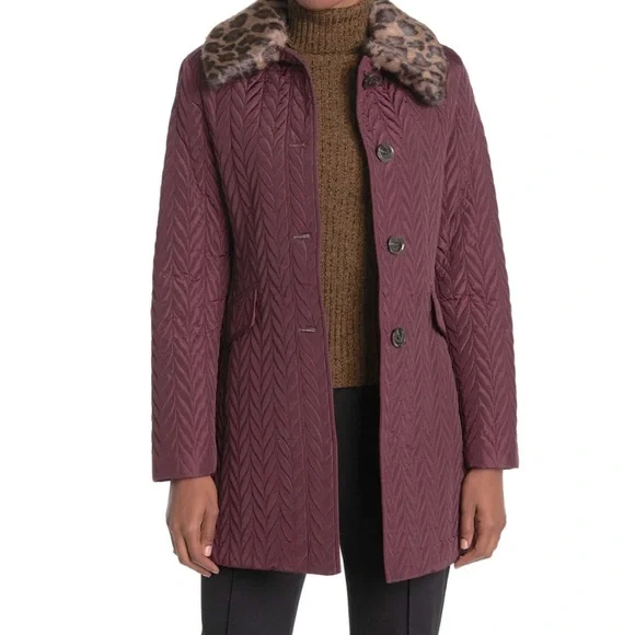 Kate Spade Quilted Chevron Jacket w/ Removable Faux Fur Leopard Collar - Picture 13 of 13